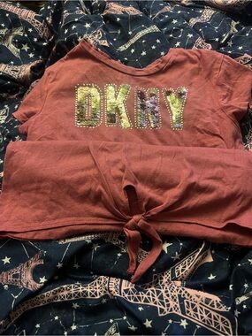 DKNY Rust Tie-Front Sequin Logo Crop Top